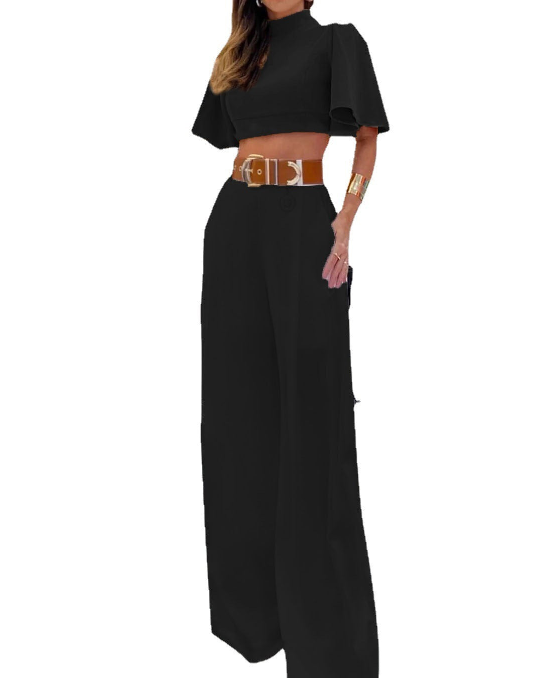 High neck flare sleeves blouse with wide leg pants set