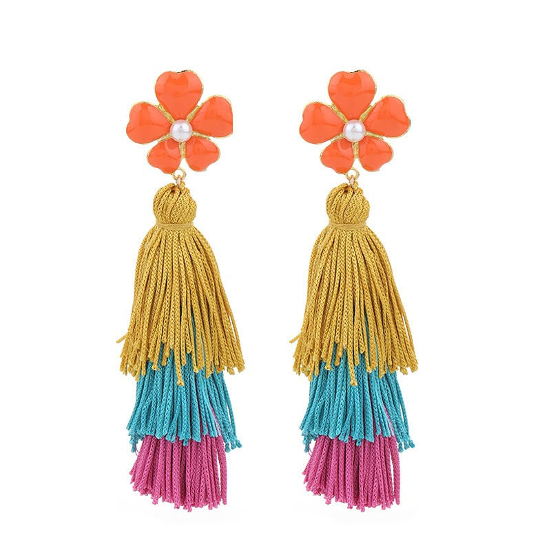 Bohemian style long drop oil flower tassel earrings for women