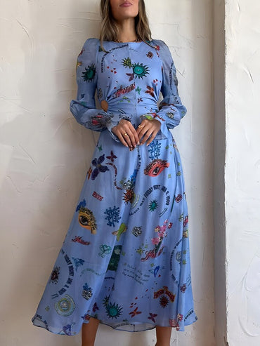 Women Loungewear O-Neck Long Lantern Sleeve Maxi Dress