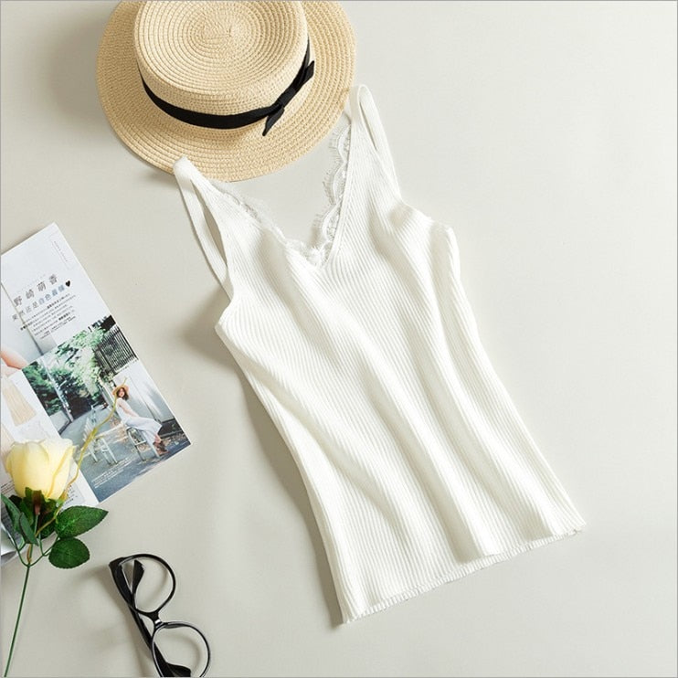 Women Hook Flower Lace Tank solid Stitching V-neck Camis