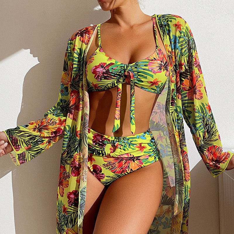 Long Sleeve Cover Up Split Three Piece Set Printed Swimwear