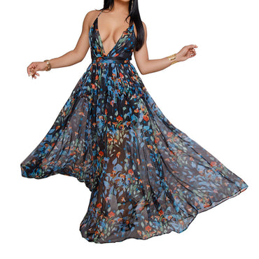 Women Summer  Maxi Boho Style deep V neck Printed Party Dress