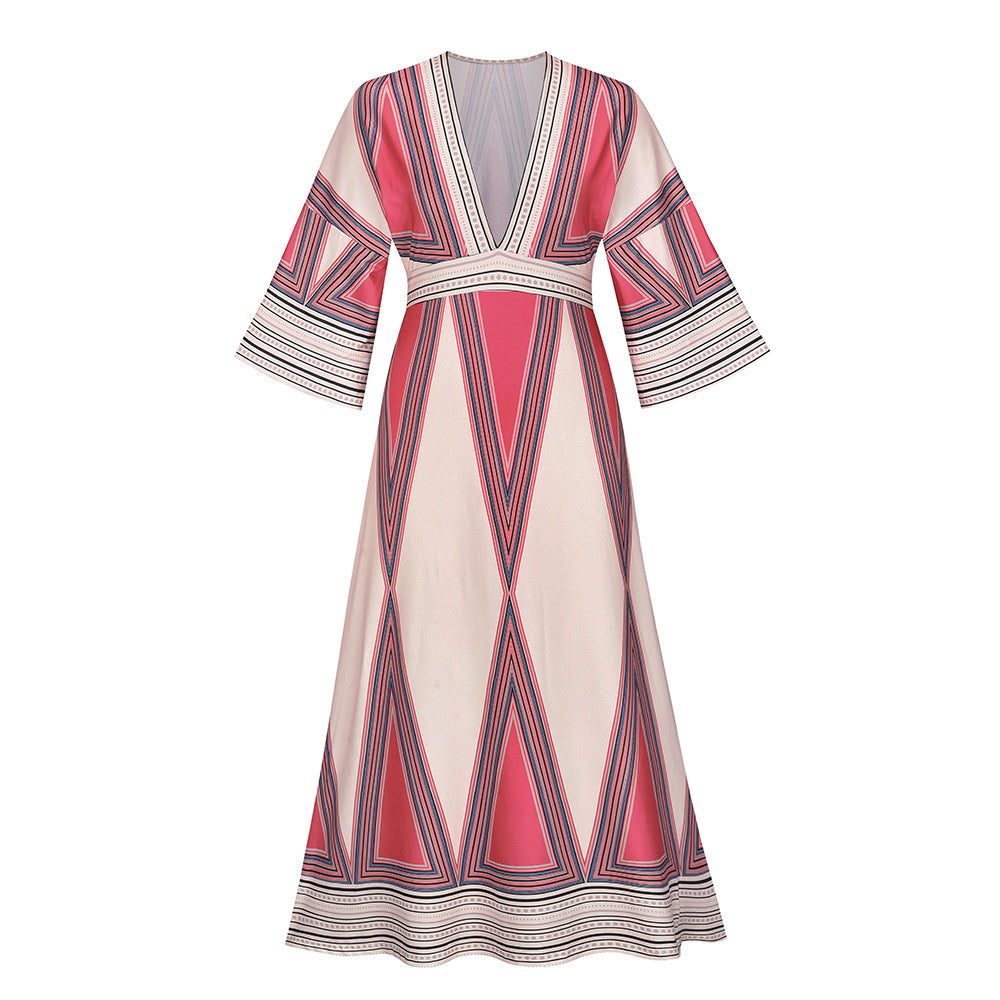 New deep V neck Indian print long skirt dress