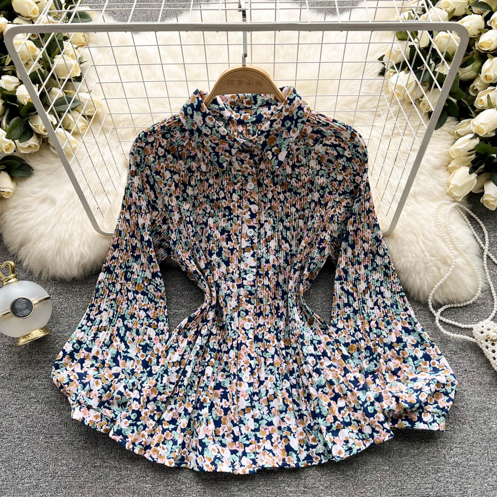 Pleated long sleeve blouse