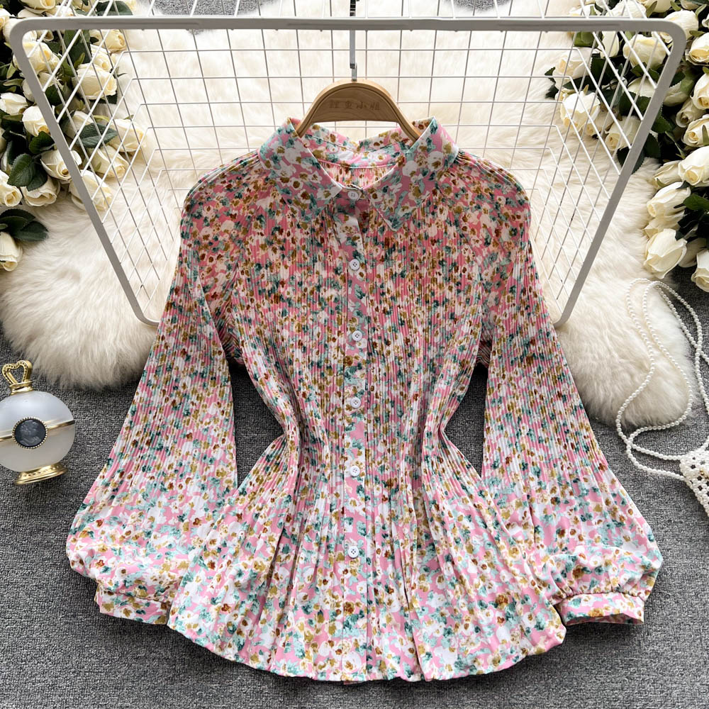 Pleated long sleeve blouse