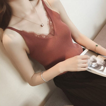 Women Hook Flower Lace Tank solid Stitching V-neck Camis