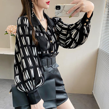Office Lady Turn-down Collar Button Open Stitch Thin Blouses