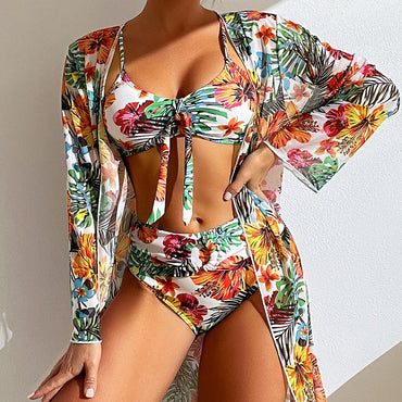 Long Sleeve Cover Up Split Three Piece Set Printed Swimwear