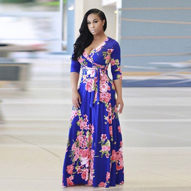 Floral printed V Neck, Half sleeve, long Maxi Dress