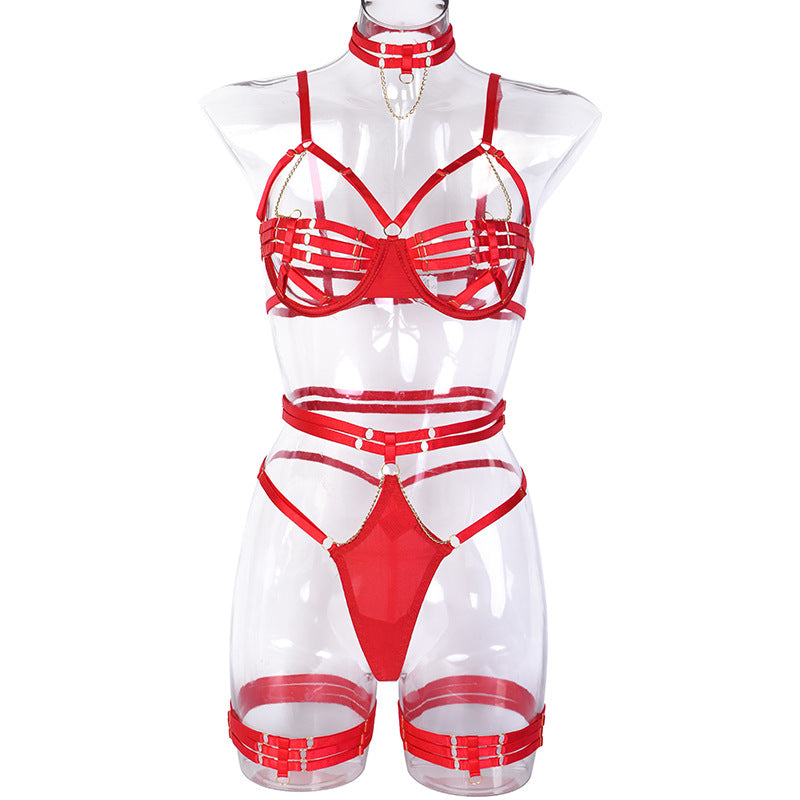 The New Women's Silk Hollow Lingerie Four-Piece Set