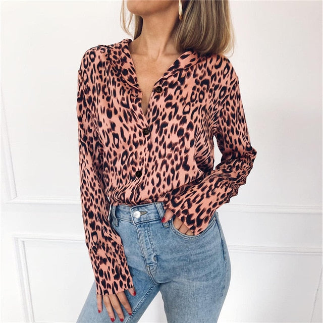 Long Sleeve Chiffon Leopard print Turn Down Collar top