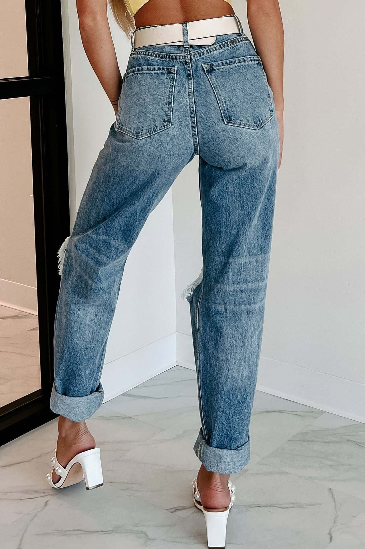 Hight waist ripped fashion casual straight denim trousers