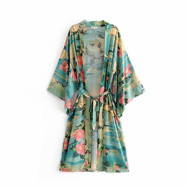 Green Vintage Printed Boho Maxi Kimono