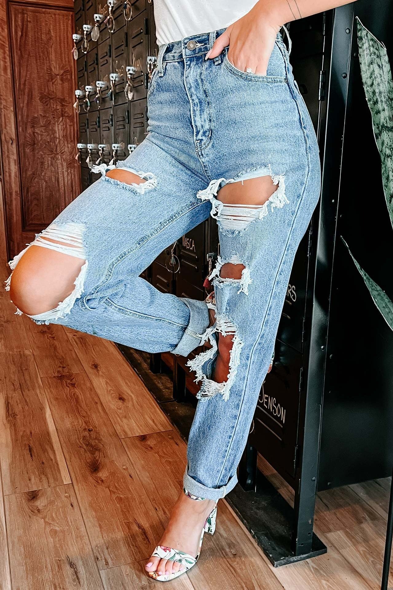 Hight waist ripped fashion casual straight denim trousers