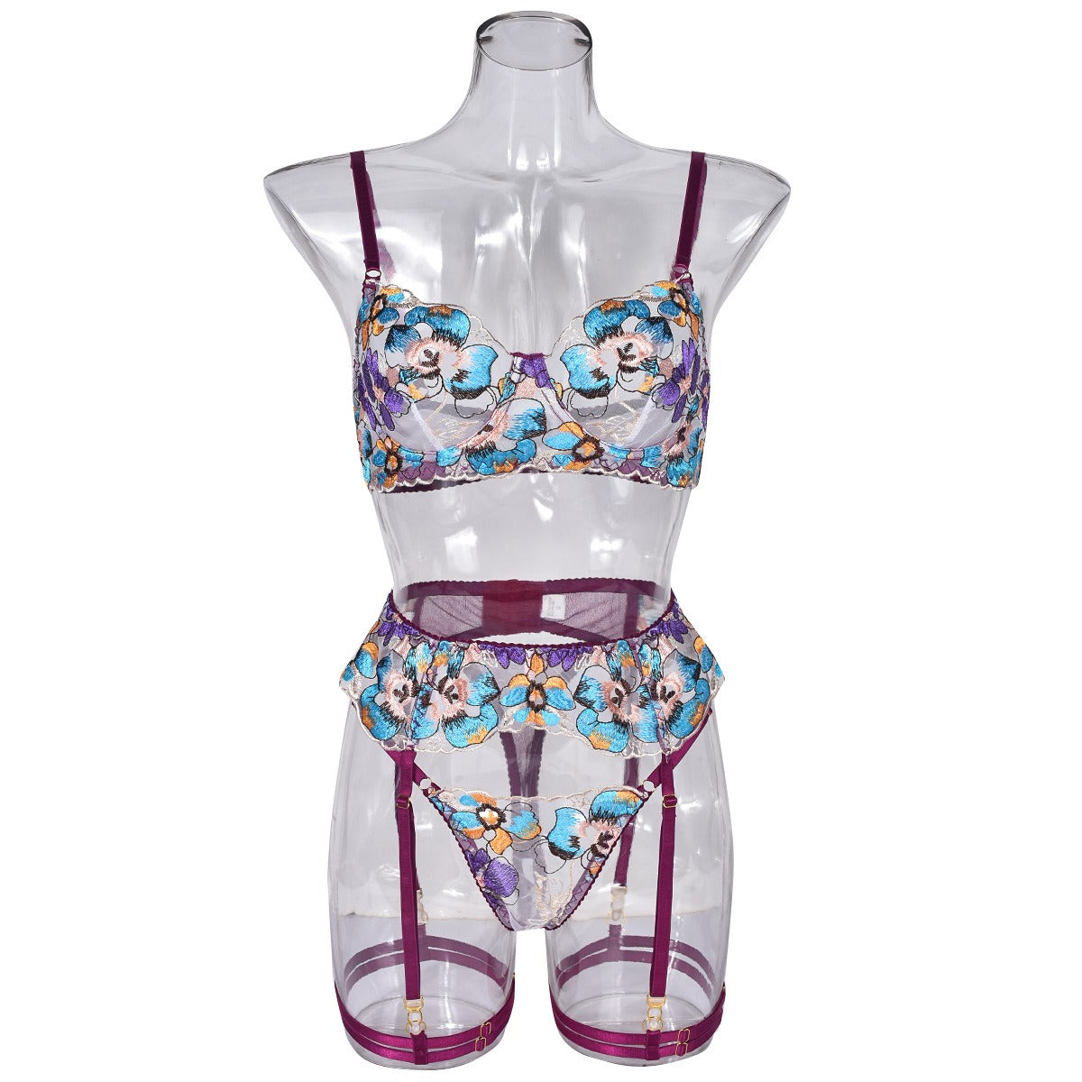 Embroidery four piece lingerie with leg ring