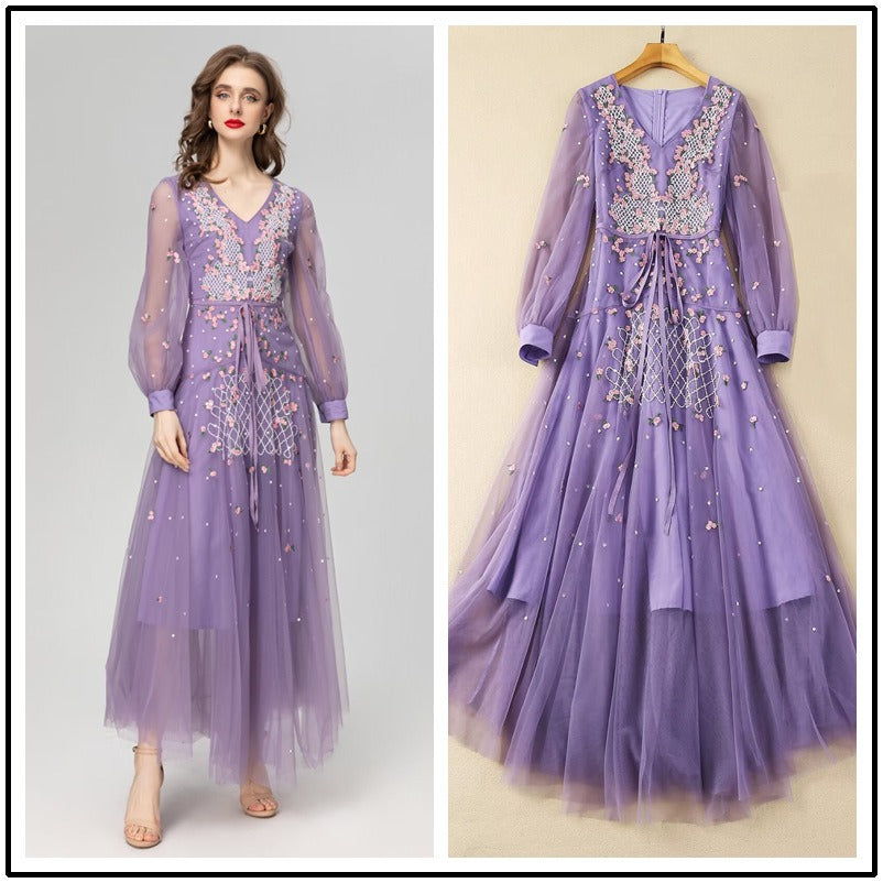 Elegant purple embroidery ballroom party dress