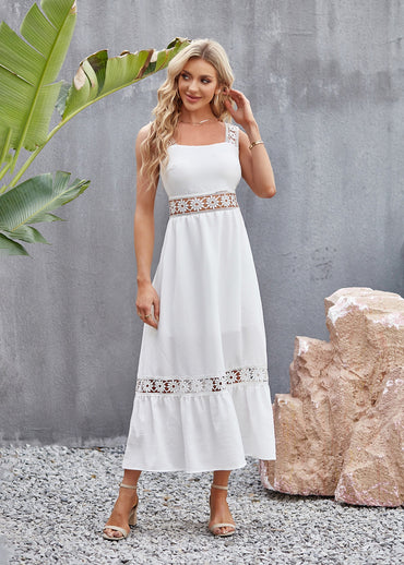 Solid Color Lace Spliced Square Neck Sleeveless Strap Dress