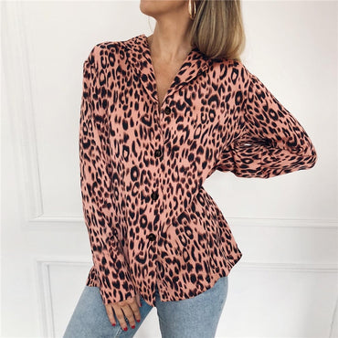 Long Sleeve Chiffon Leopard print Turn Down Collar top