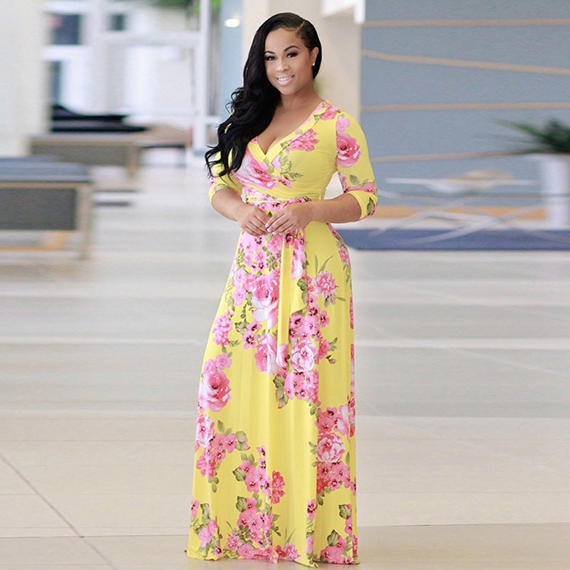 Floral printed V Neck, Half sleeve, long Maxi Dress