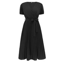 V neck bubble sleeve pleated long dress