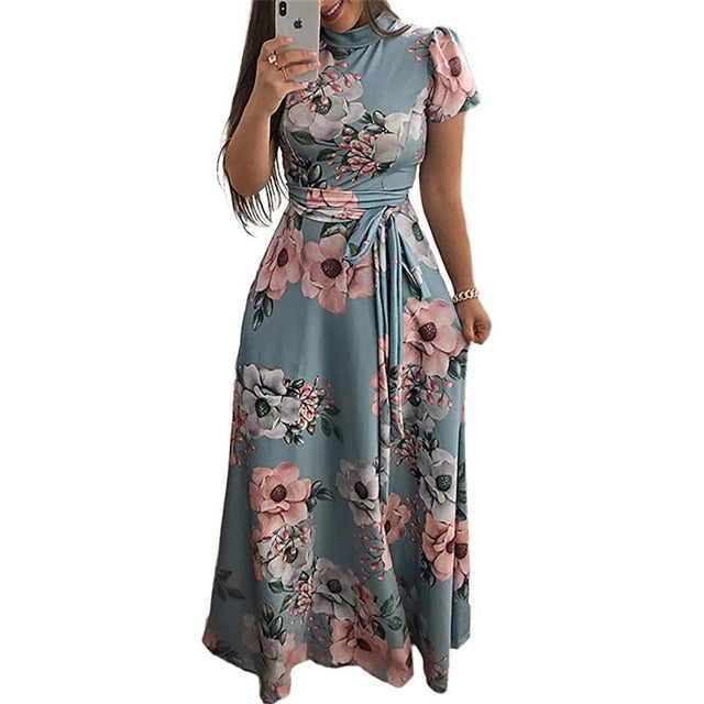 Floral Printed Casual Short Sleeve Long Dress  Maxi Dress