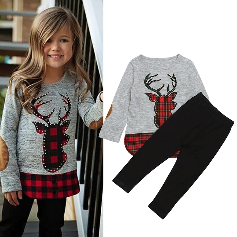 Winter Girls Clothes Deer Printed T-shirts+Long Pants