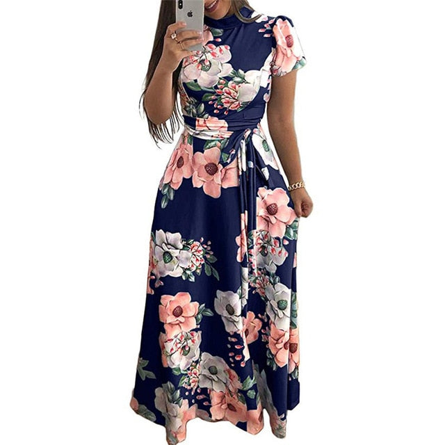 Floral Printed Casual Short Sleeve Long Dress  Maxi Dress