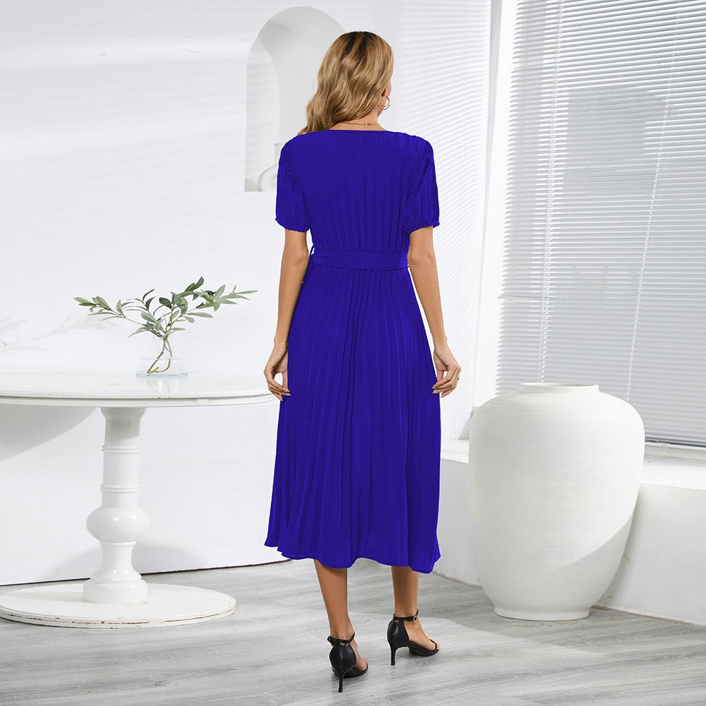 V neck bubble sleeve pleated long dress