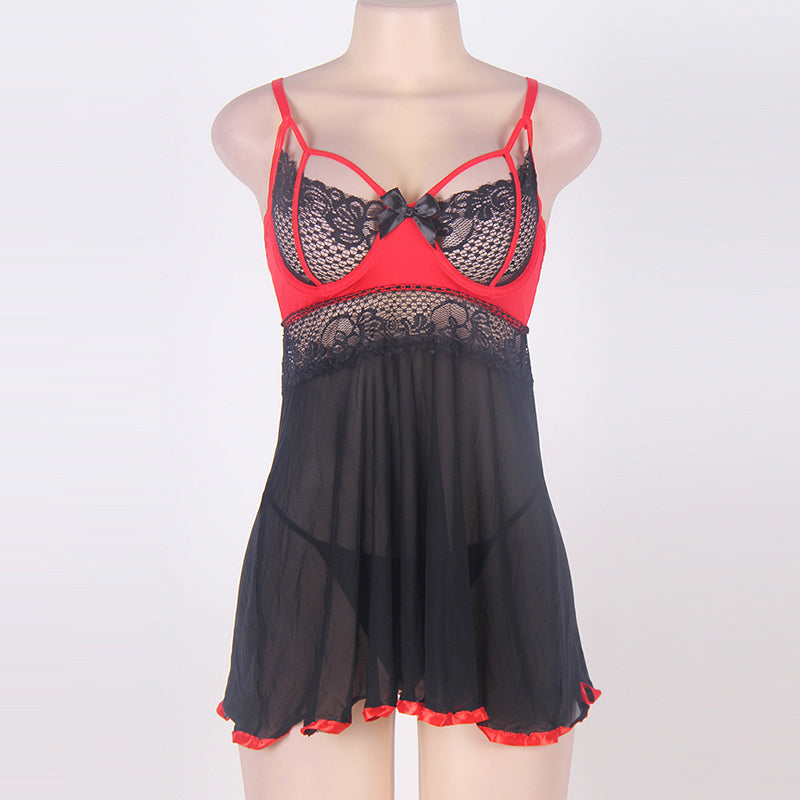 Large Size  Lace Black And Red Stitching Strap Nightdress