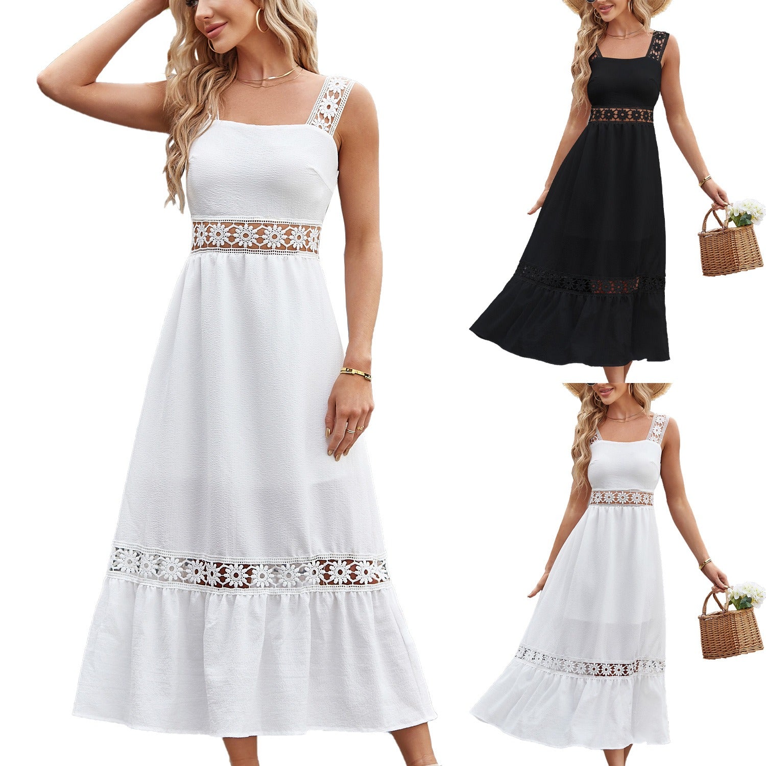 Solid Color Lace Spliced Square Neck Sleeveless Strap Dress