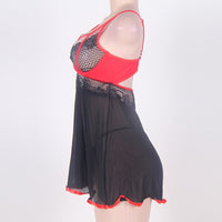 Large Size  Lace Black And Red Stitching Strap Nightdress