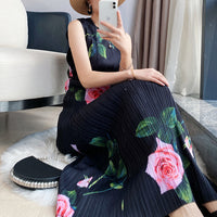 Rose Flower Print Pleated Easy Fit Casual Dress