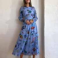 Women Loungewear O-Neck Long Lantern Sleeve Maxi Dress