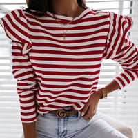 Striped Ruffle Long Sleeve Tops For Women