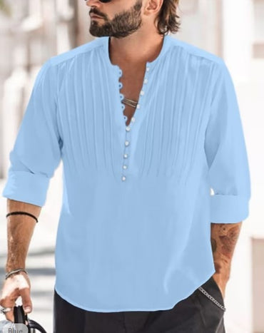 Cotton and Linen Men's Casual Round Neck  Shirt