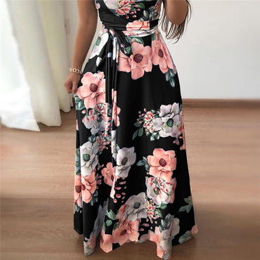 Floral Printed Casual Short Sleeve Long Dress  Maxi Dress