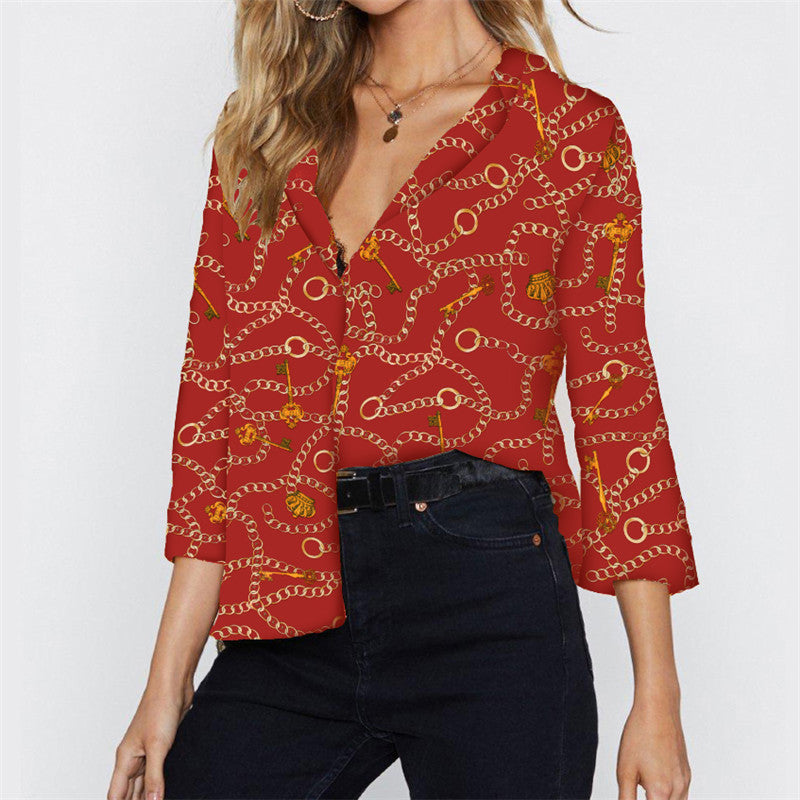 Women Blouses Chain Print Summer Chiffon Blouse