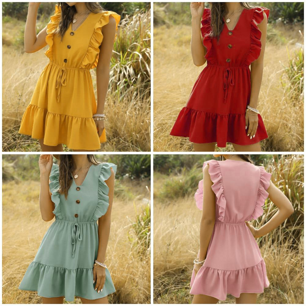 High waist off shoulder V neck casual summer dress