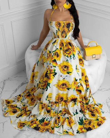 Women Open Back Sunflower Print Bandage Boho sleeveless Maxi Dress