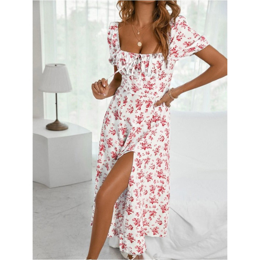 French Floral Printed Open Back Slim Fit Split Dress for Women