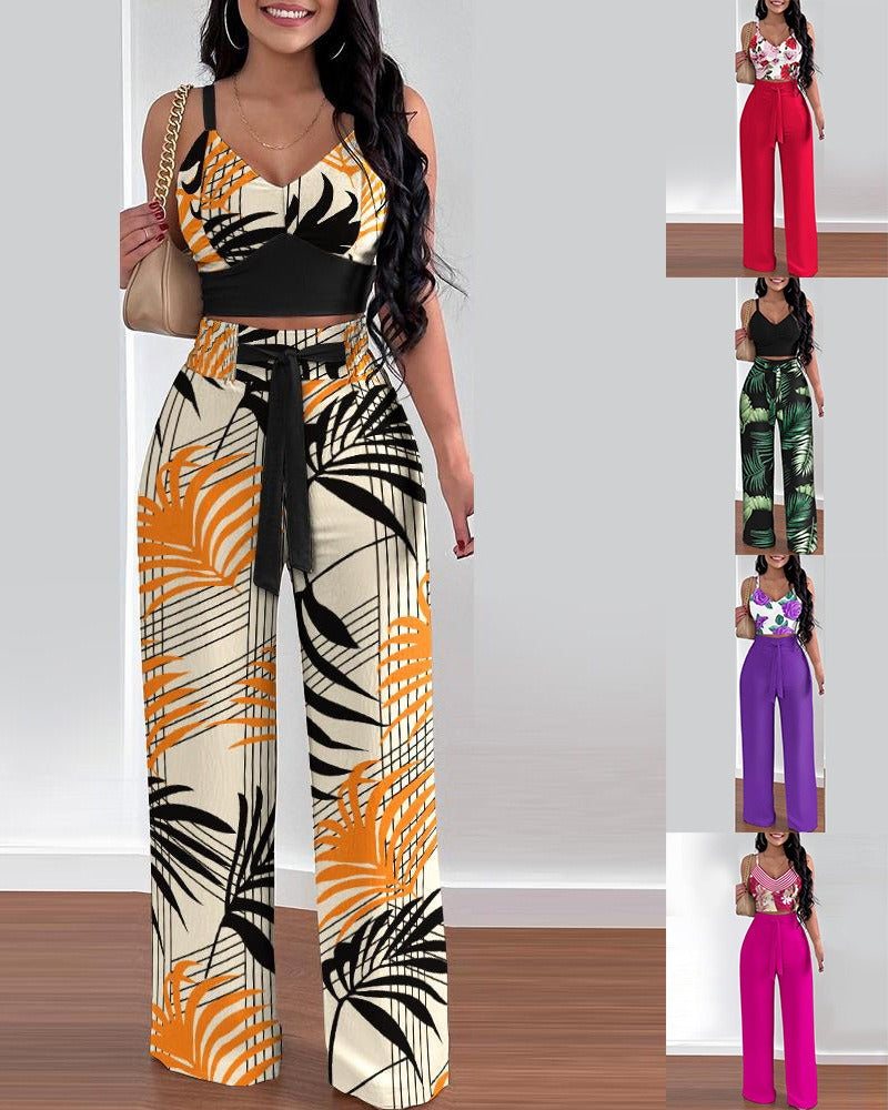 New fashion print strap tie long pants set