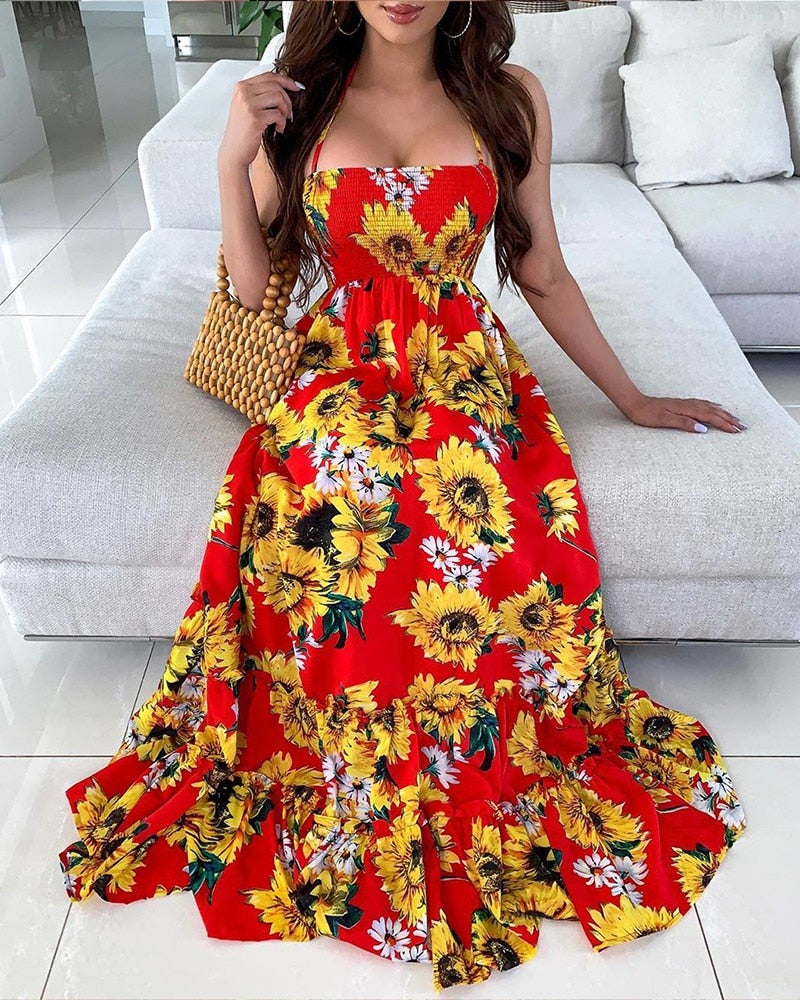 Women Open Back Sunflower Print Bandage Boho sleeveless Maxi Dress