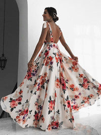Backless floral printed  V neck maxi dress