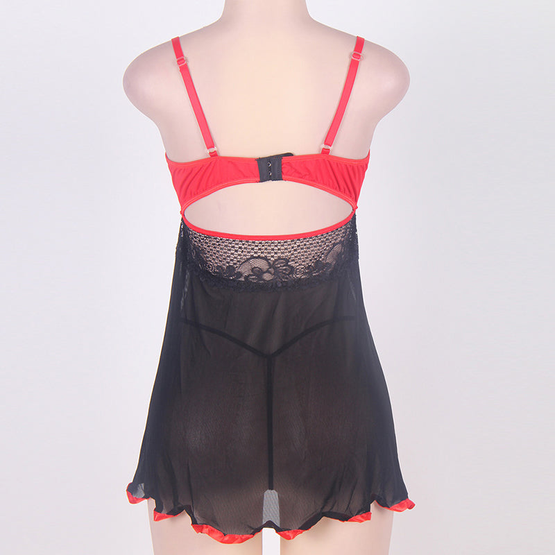 Large Size  Lace Black And Red Stitching Strap Nightdress