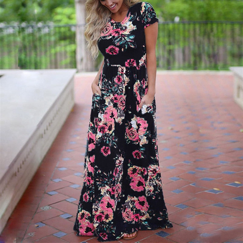 Short sleeve printed Long Maxi Dress