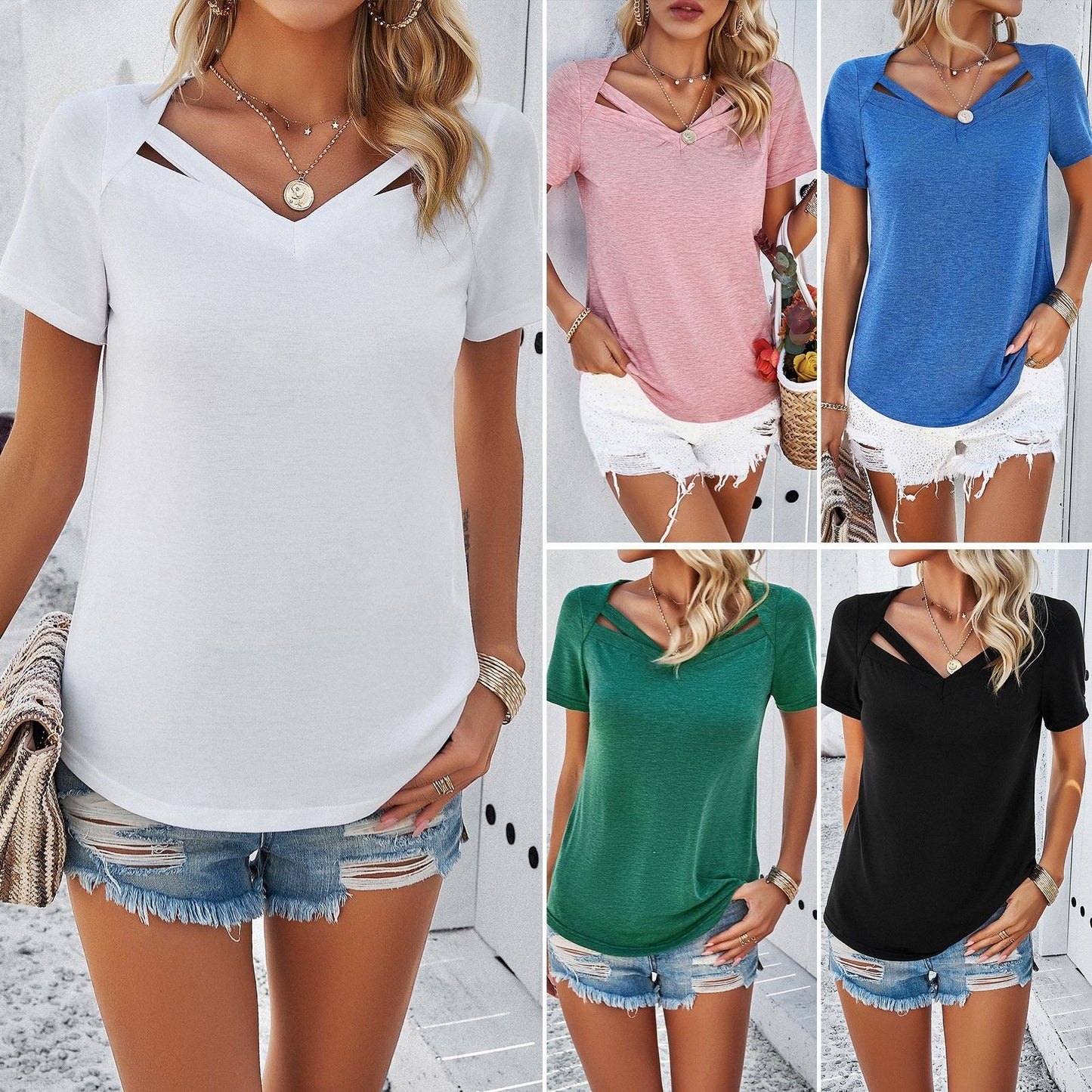 Women's spring summer casual solid color short-sleeved V-neck top