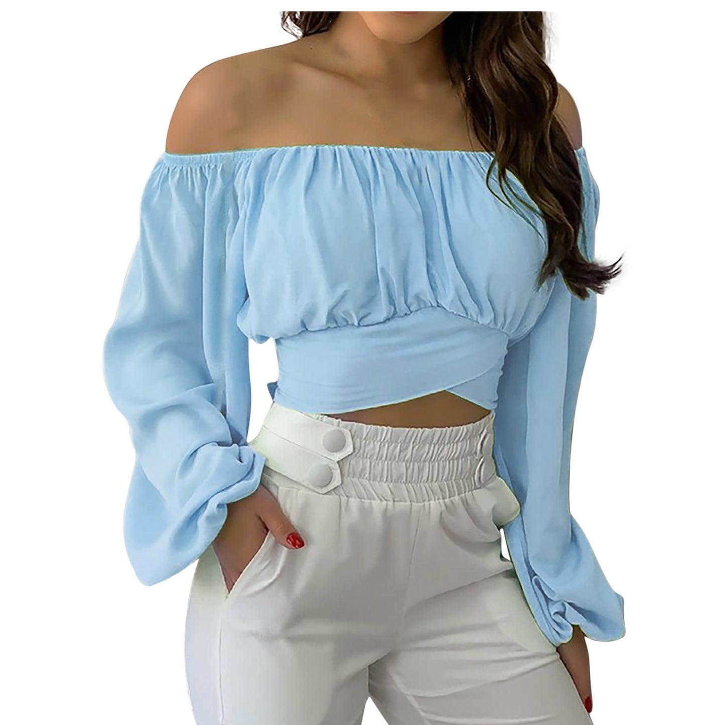 Women's off shoulder cross tie long sleeve top