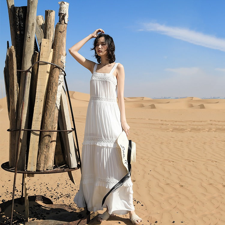 Solid White Color Bohemian Lace Patchwork Casual Maxi Long Dress