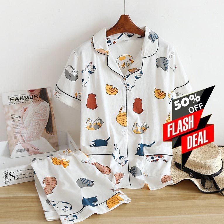 Cute cat print cotton skin friendly sleepwear