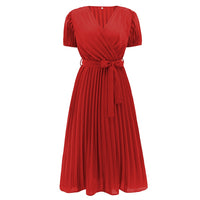 V neck bubble sleeve pleated long dress